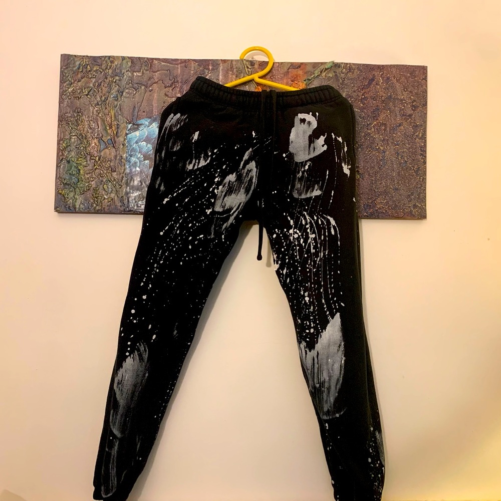 Mens Sweat Pants Black White Splatter. Size Small.